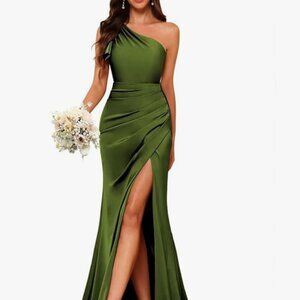 One Shoulder Satin Bridesmaid Dresses with Bow - Long Mermaid Formal Dress